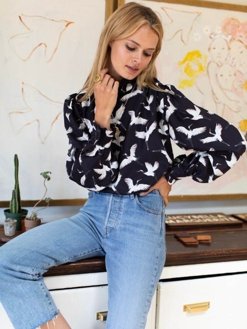Emerson Fry Frederique Blouse in Black Silk Crane Size SX
